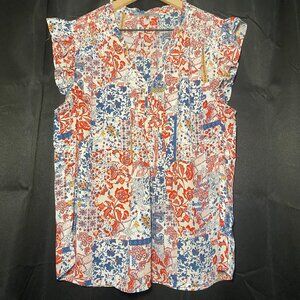 Daniel Rainn Liona Flutter Sleeve Blouse Womens L Patchwork Cottagecore Red EUC